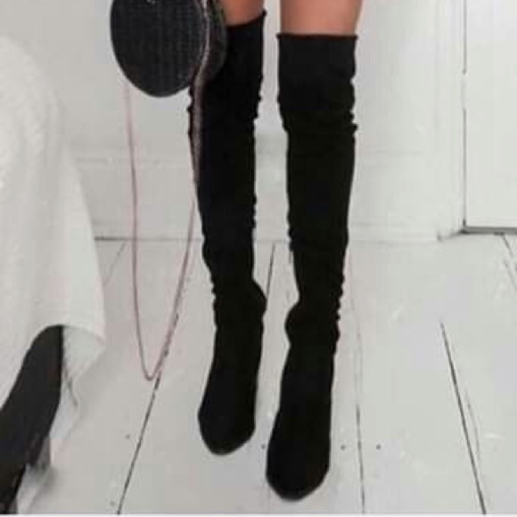 CLEARANCE Vegan Suede Black Over Knee High Heel Sexy Lined Tie Velvet boots - Picture 4 of 8